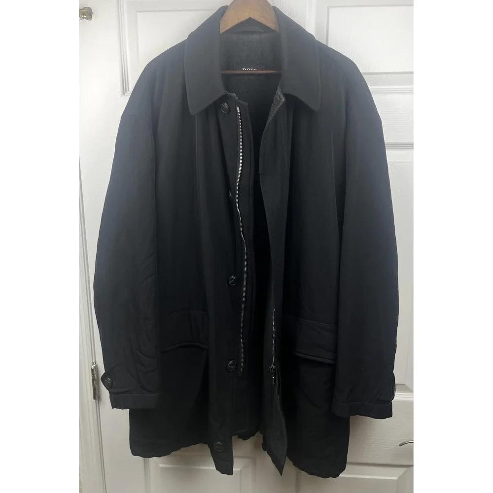 Hugo Boss Coat Mens 54 XL Black Wool Blend SIMA-W Made Portugal Detachable Liner